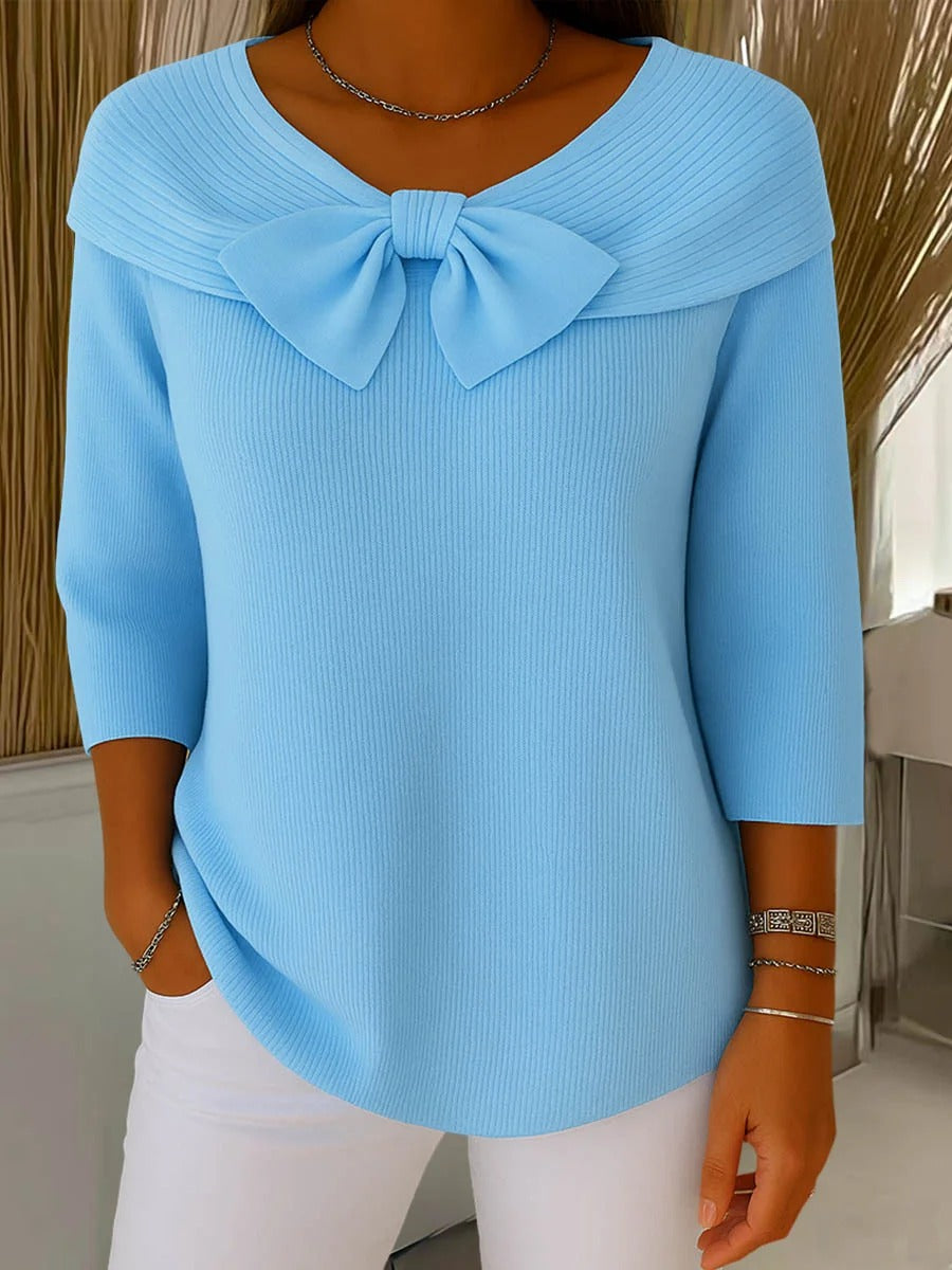 Foldover Neck Bow Front Ribbed Knit Top