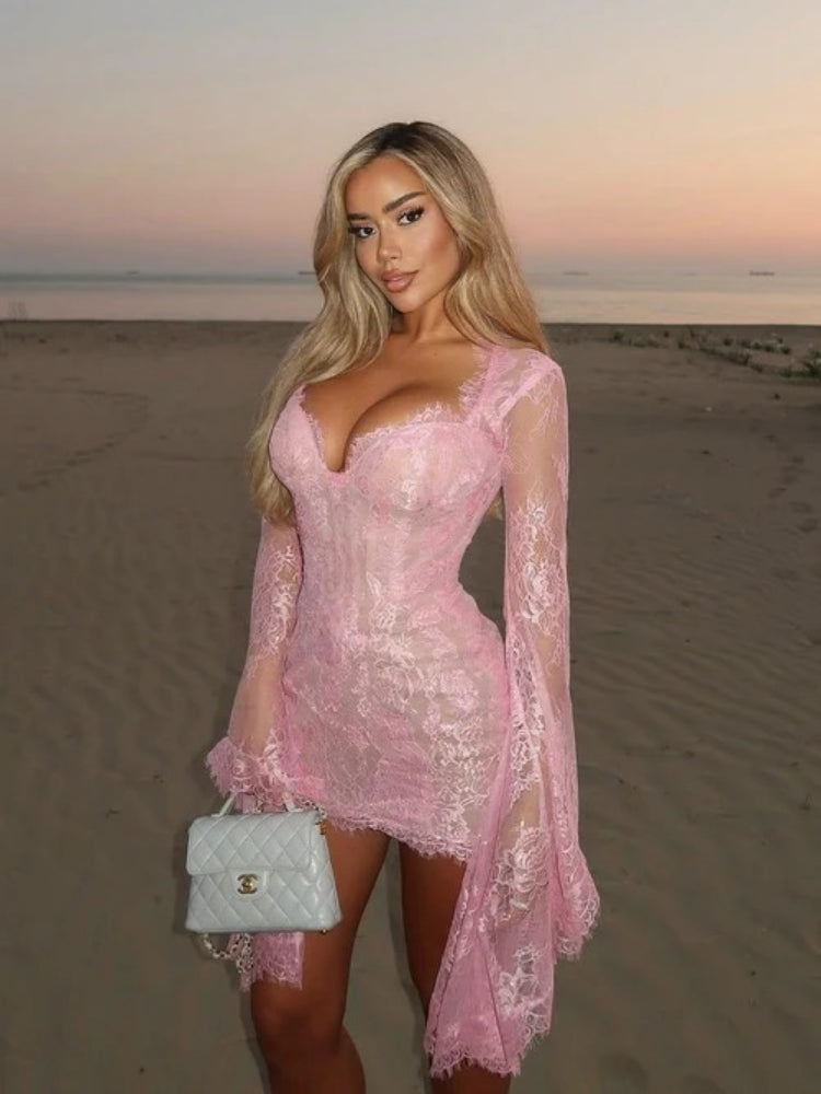Whispers of Blush Lace Bell Sleeve Mini Dress - View 2
