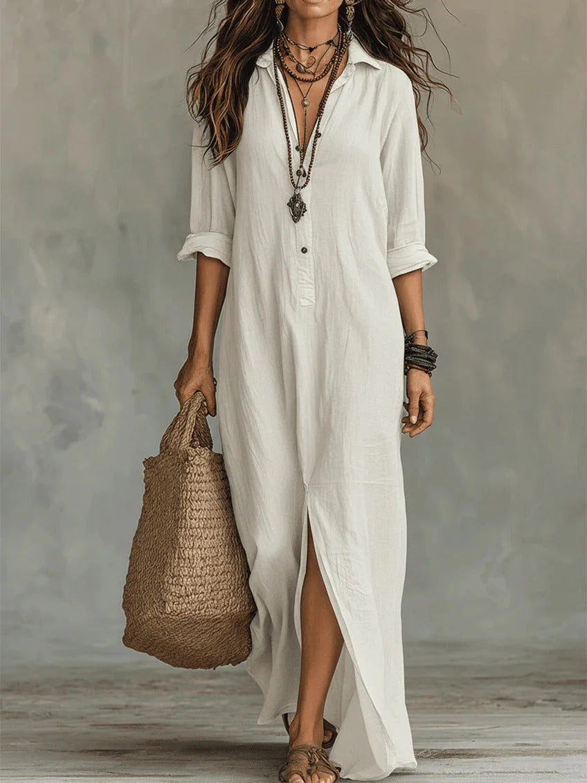 Collared Button Front Long Sleeve Side Split Maxi Shirt Dress 3