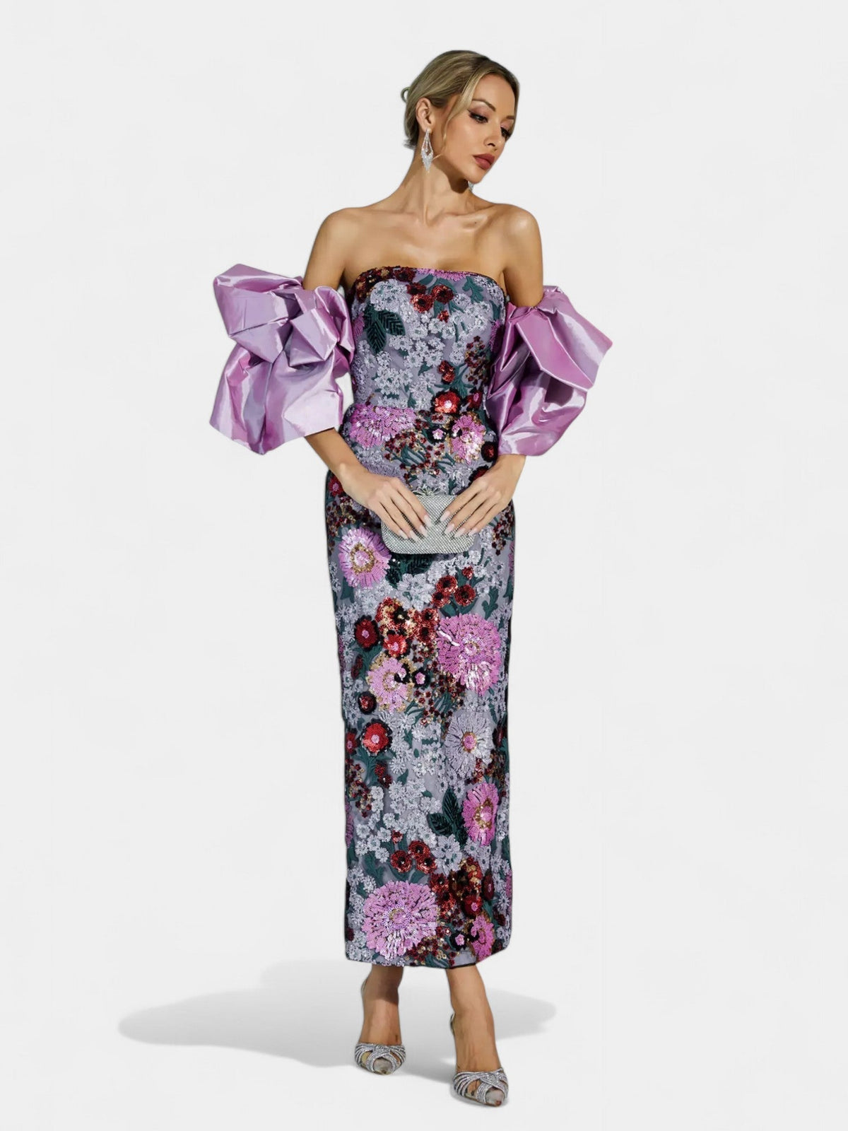 Strapless Floral Sequin Sheer Hem Maxi Dress 6