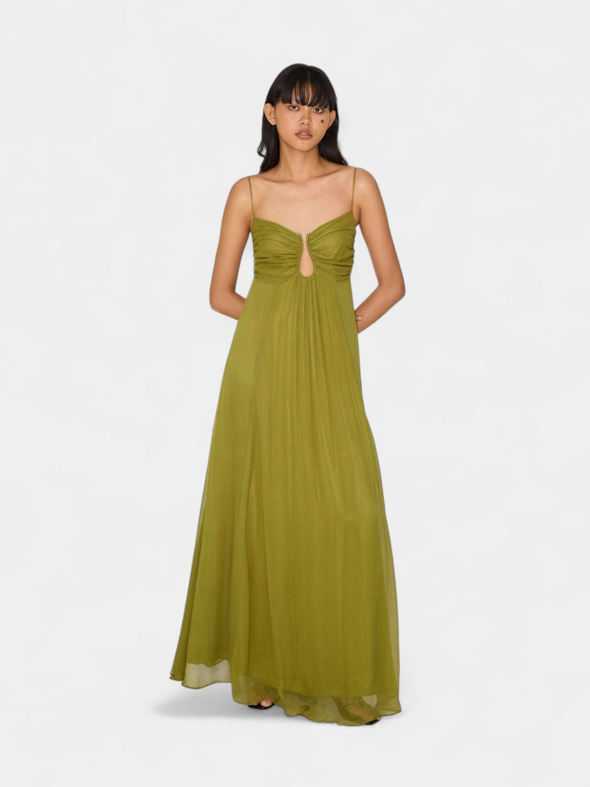 Spaghetti Strap Ruched Keyhole Cut Out Flowy Maxi Dress