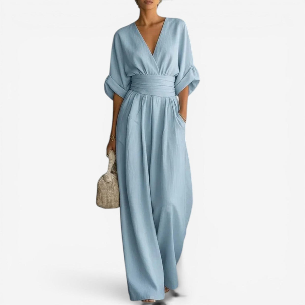 V-Neck Half Sleeve Wrap Wide Leg Jumpsuit