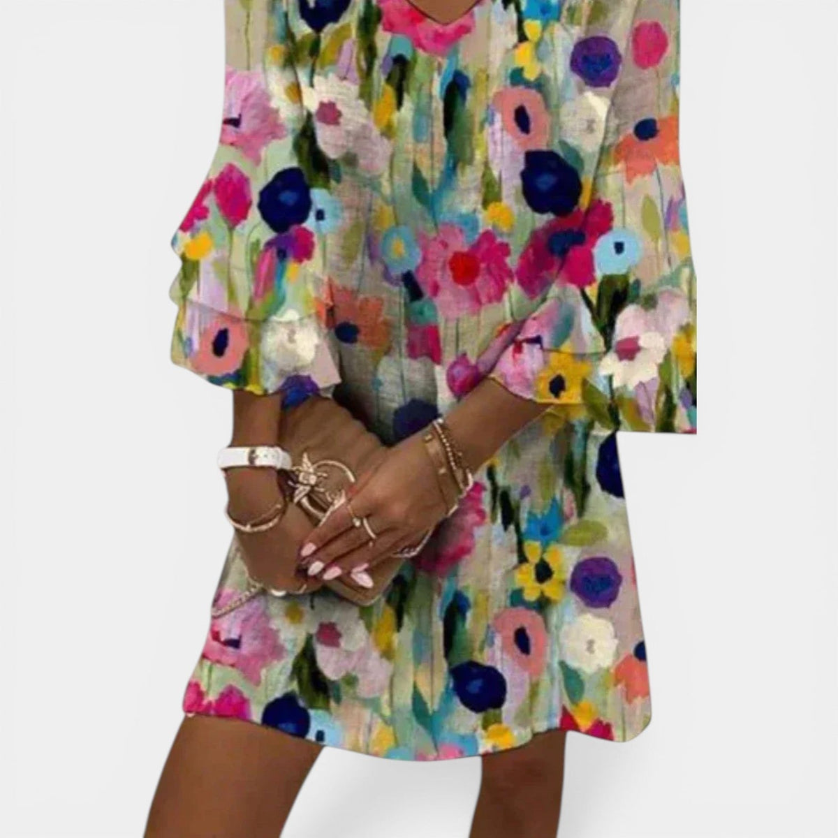 Watercolor Floral V-Neck Flare Sleeve Mini Dress 3