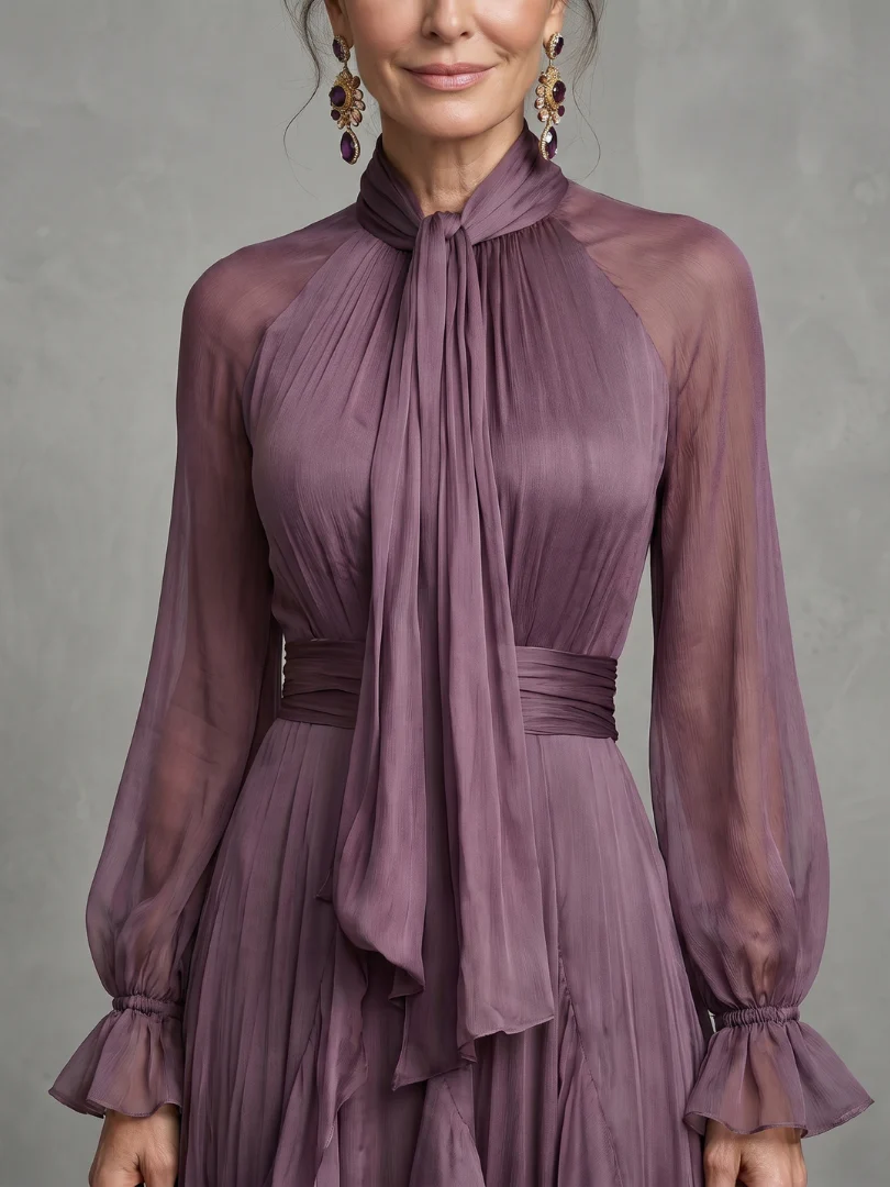 Tie Neck Long Sleeve Tiered Ruffle Chiffon Maxi Dress 5