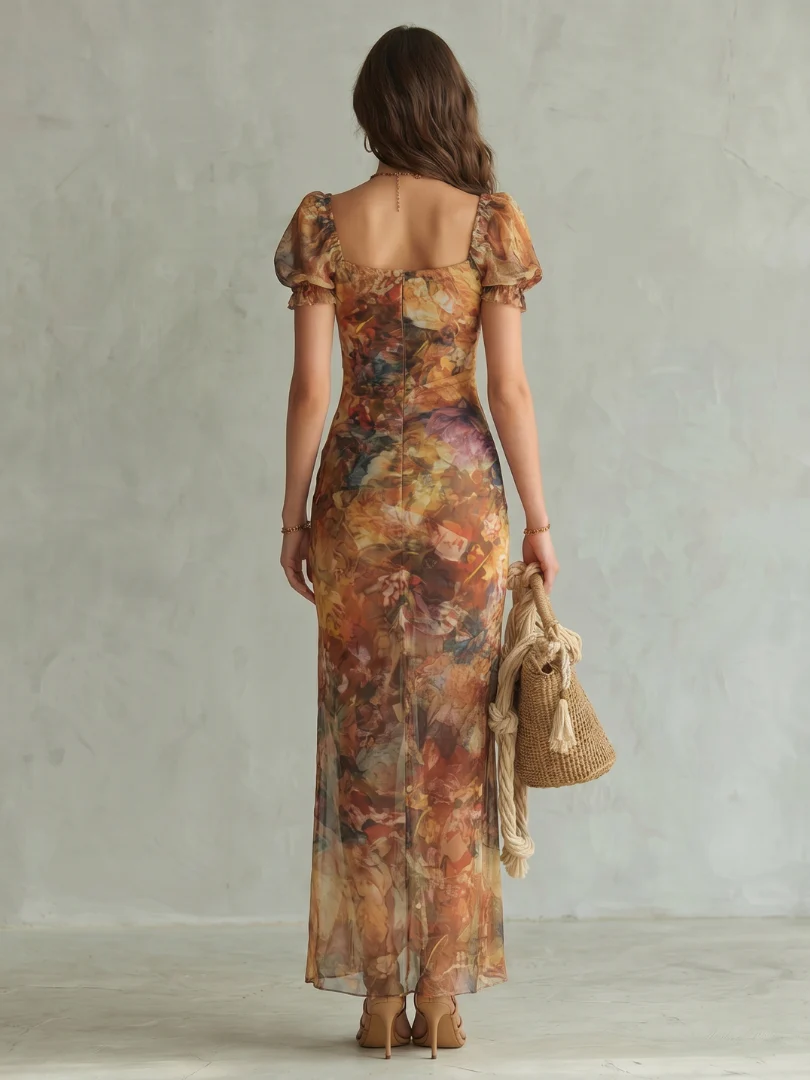 Floral Square Neck Puff Sleeve High Split Maxi Dress 4