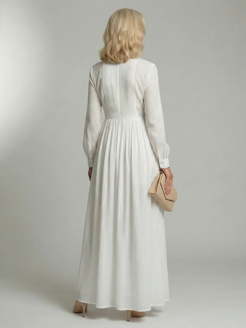 Collared Button Front Long Sleeve Pintuck Shirt Maxi Dress 5