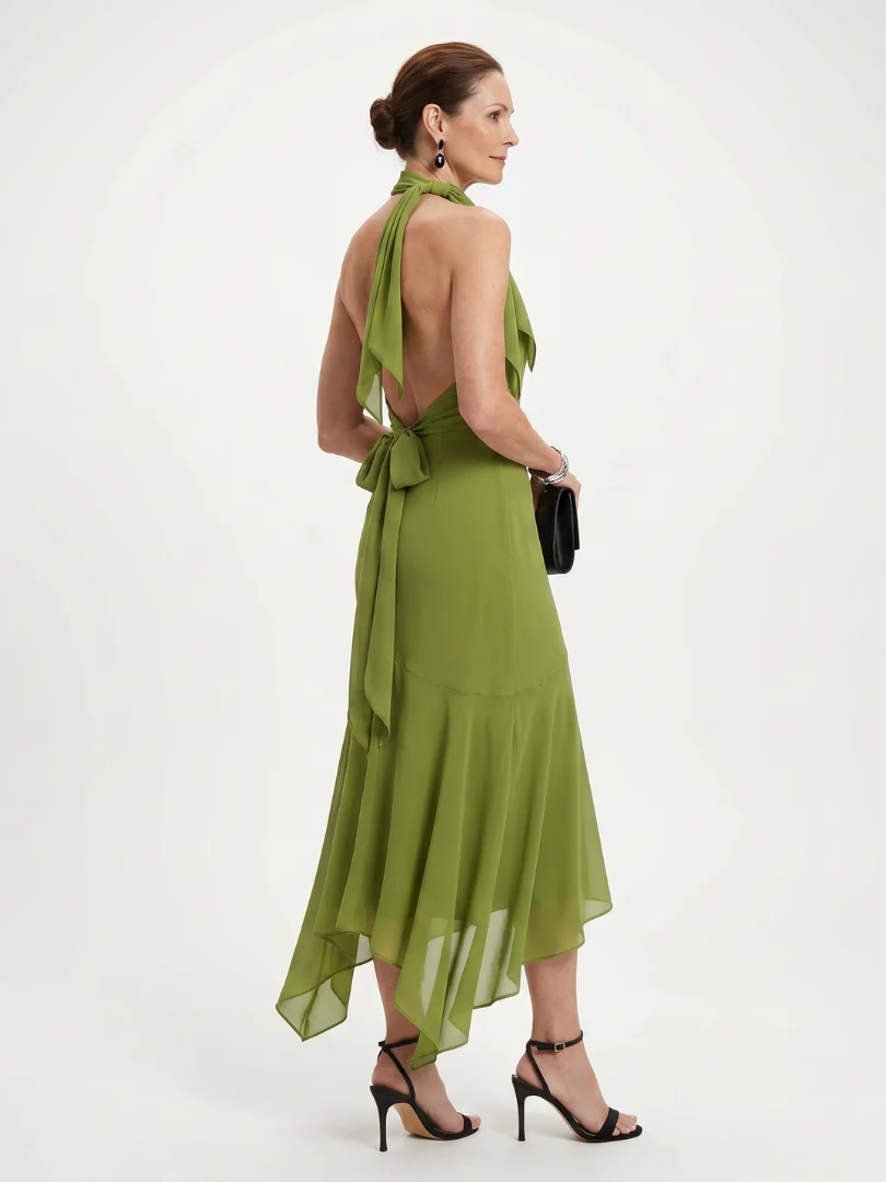 Halter Neck Tie Detail High Low Ruffle Midi Dress 3