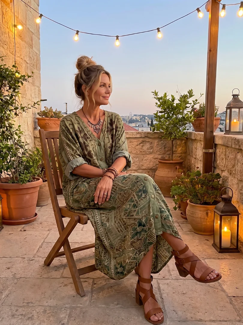 Geometric Print Button Front Rolled Sleeve Kaftan Maxi Dress 6