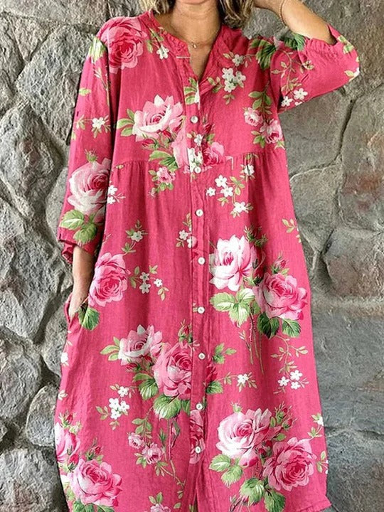 Notch Neck Long Sleeve Floral Button Front Midi Dress