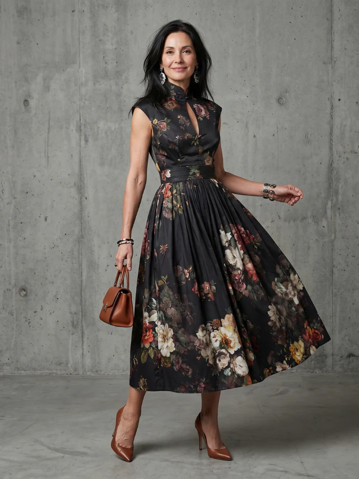 Floral High Neck Keyhole Cap Sleeve Midi Dress 5