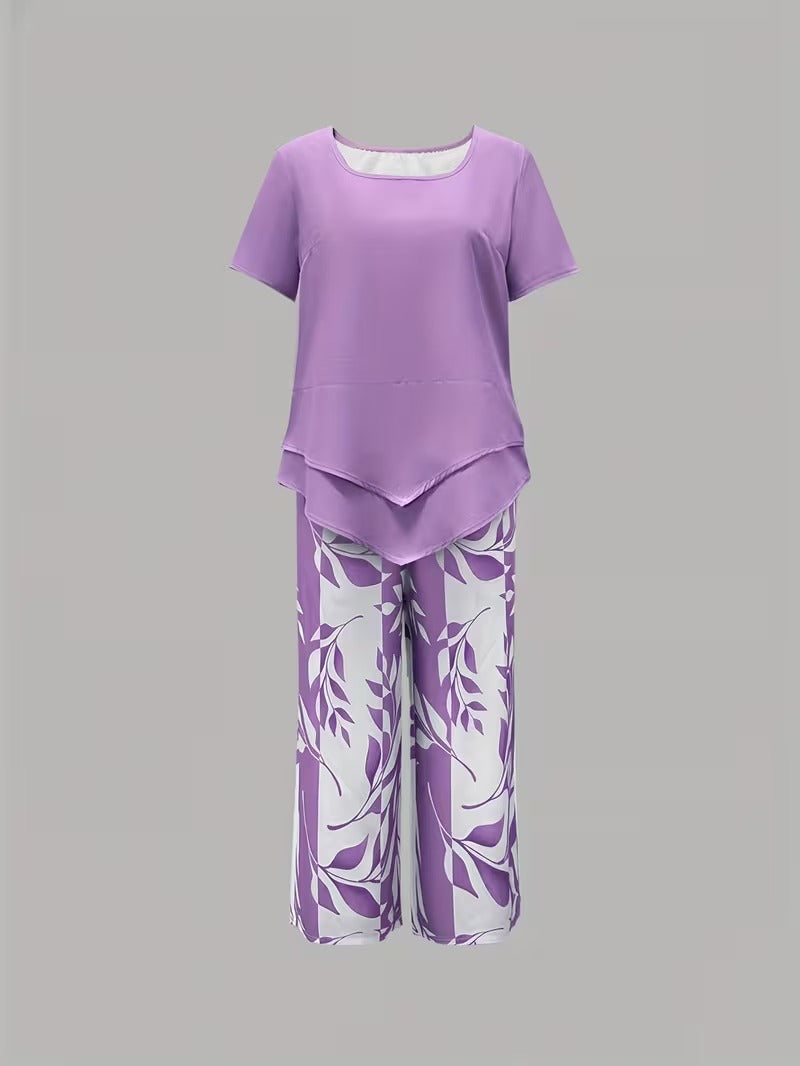 Short Sleeve Top and Leaf Print Cropped Pants Two Piece Set 9