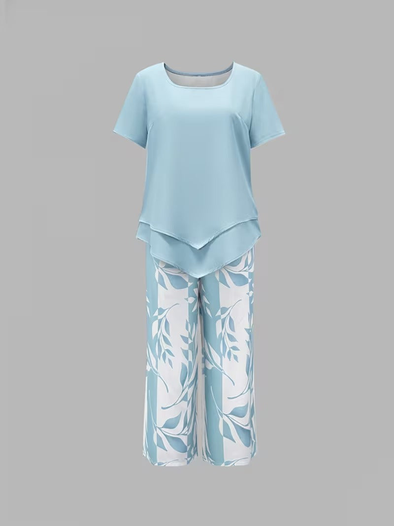 Short Sleeve Top and Leaf Print Cropped Pants Two Piece Set 7