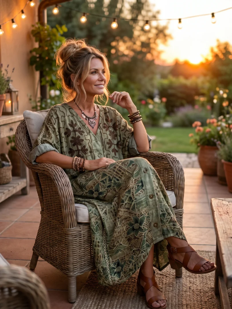 Geometric Print Button Front Rolled Sleeve Kaftan Maxi Dress 7