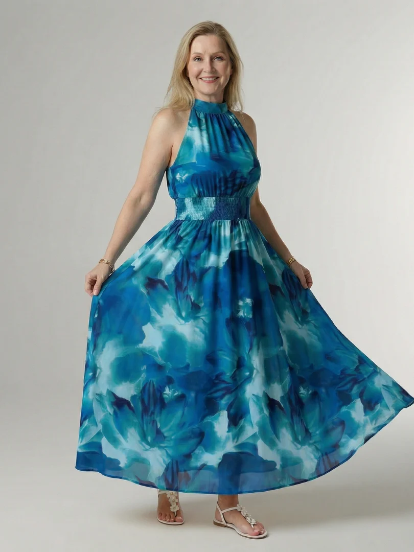 Tie Dye Halter Neck Smocked Waist Maxi Dress 9