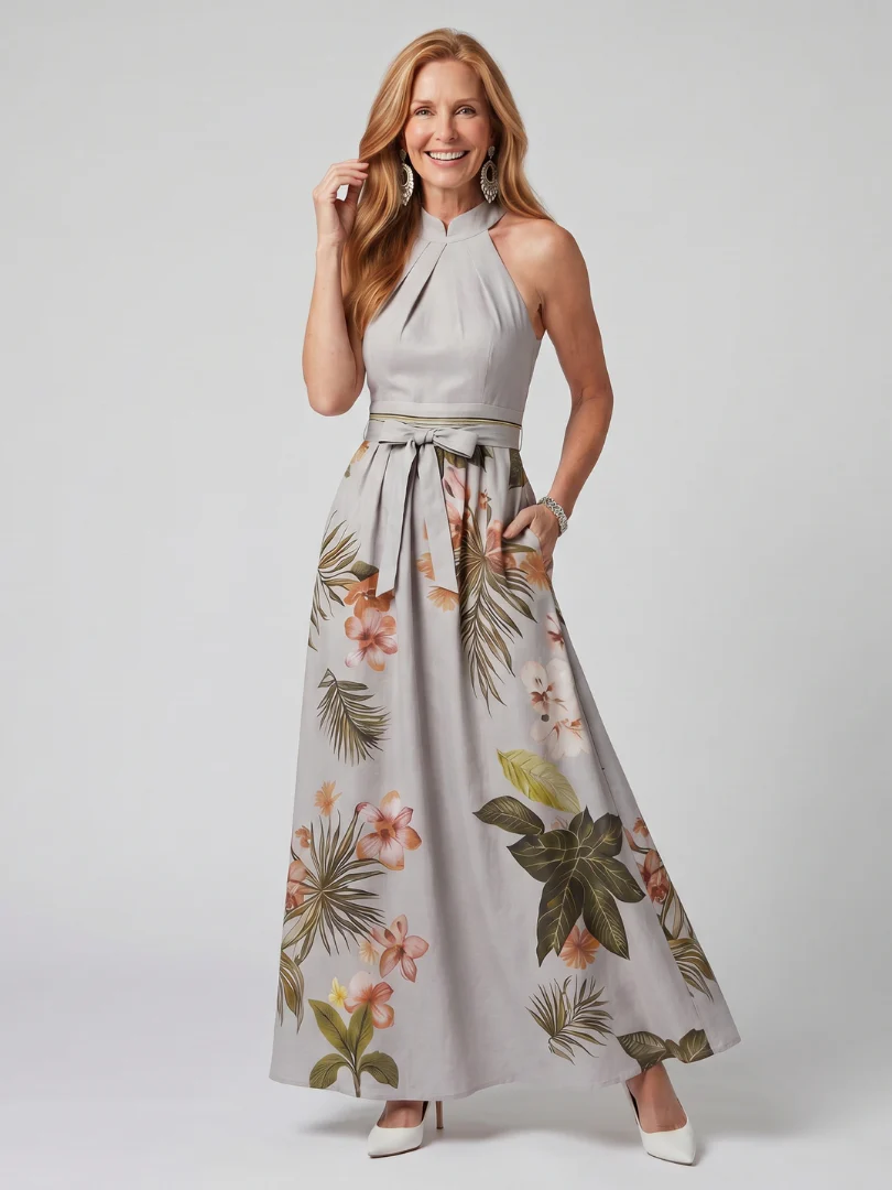 Halter Neck Botanical Print Belted Maxi Dress 8