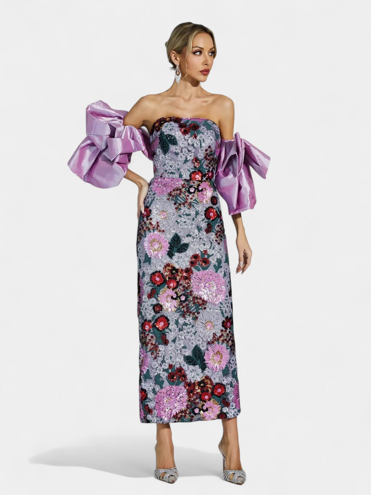 Strapless Floral Sequin Sheer Hem Maxi Dress 7