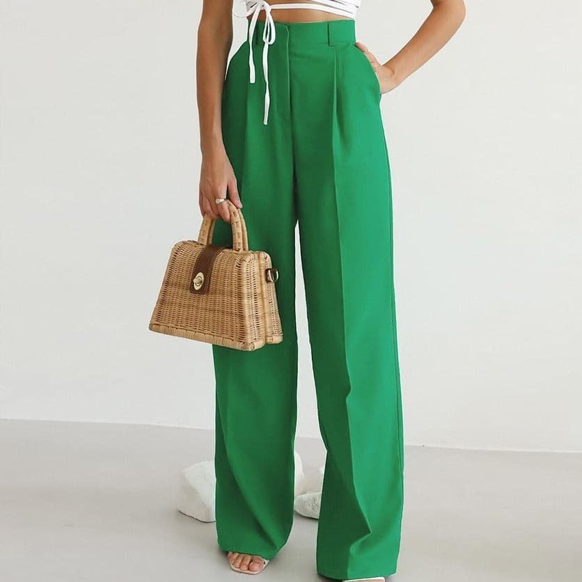 High Waist Pleated Front Wide Leg Trousers