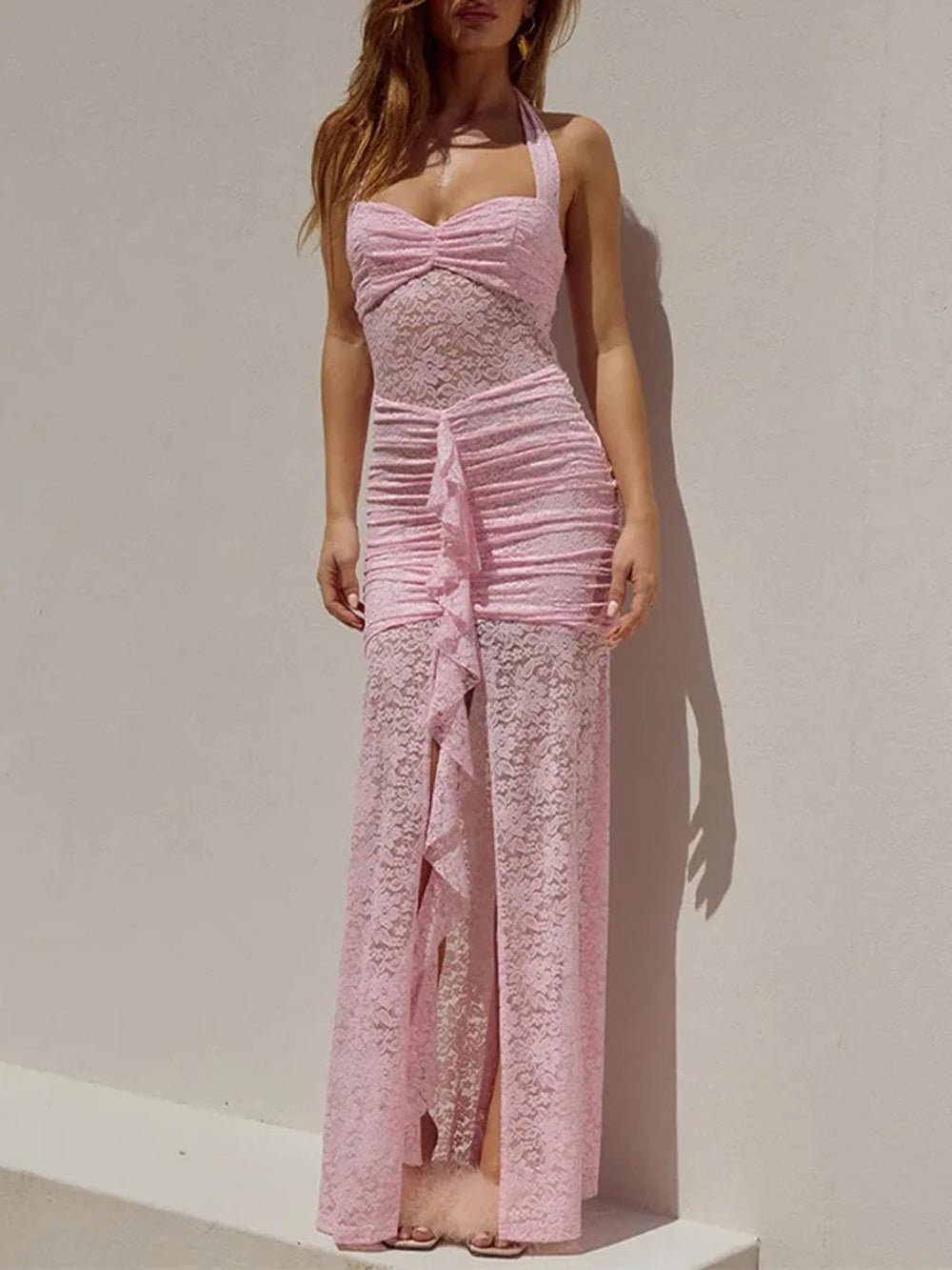 Lace Halter Neck Ruched Ruffle High Split Maxi Dress