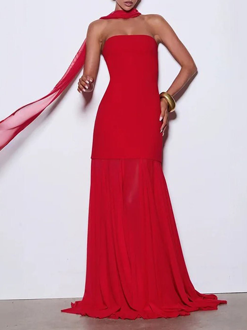 Strapless Scarf Neck Pleated Mermaid Maxi Gown - View 3