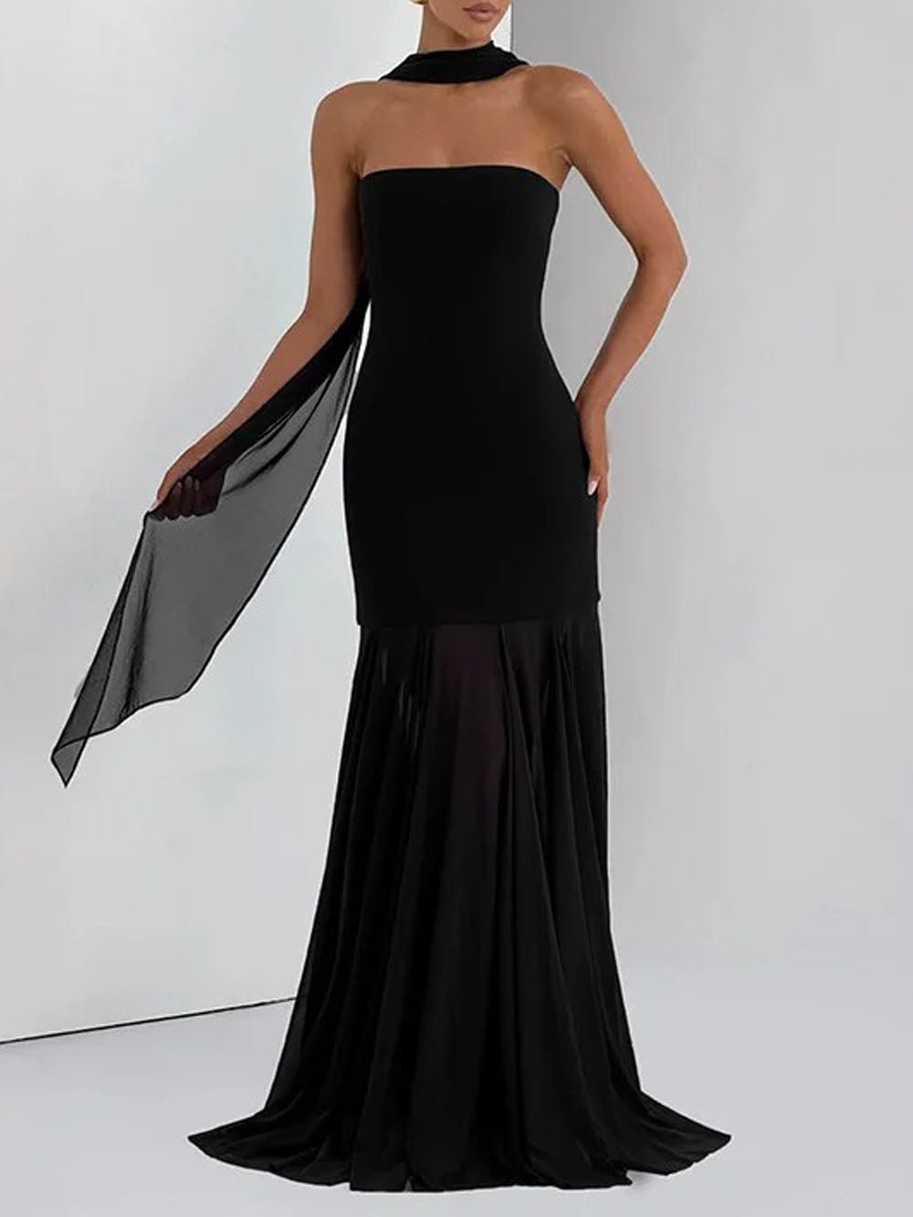 Strapless Scarf Neck Sheer Cape Mermaid Maxi Gown