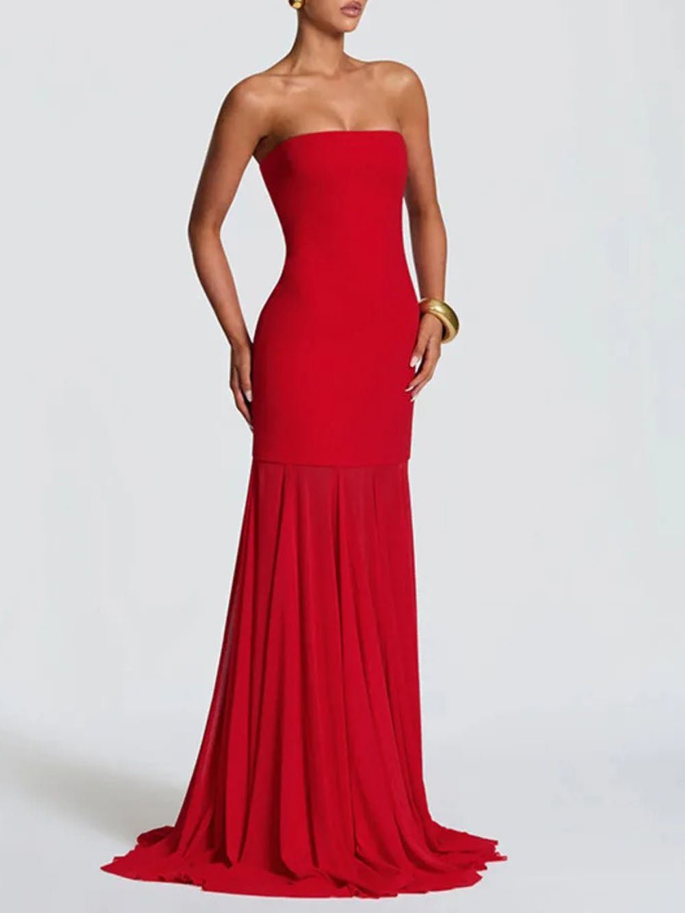 Strapless Scarf Neck Pleated Mermaid Maxi Gown - View 4