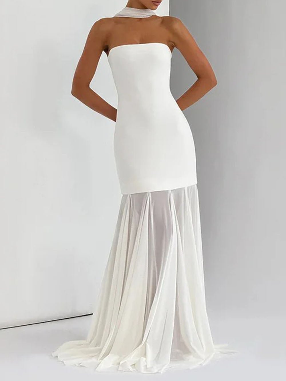 Strapless Longline Bandeau Pleated Organza Mermaid Gown - View 4