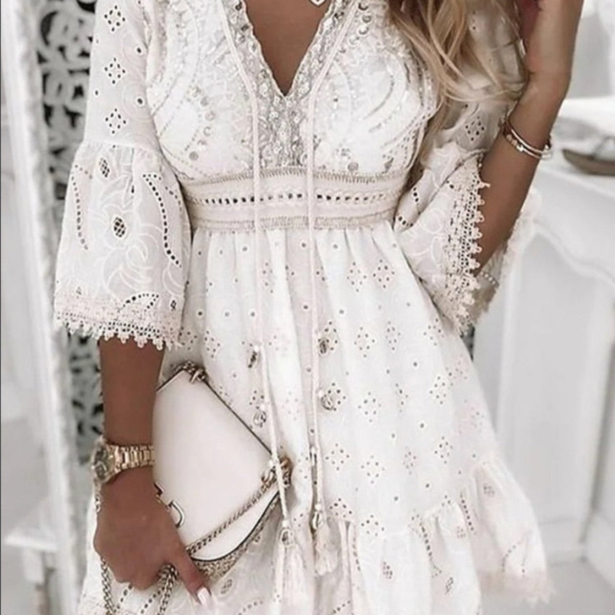 Eyelet Deep V-Neck Bell Sleeve Empire Waist Tiered Mini Dress