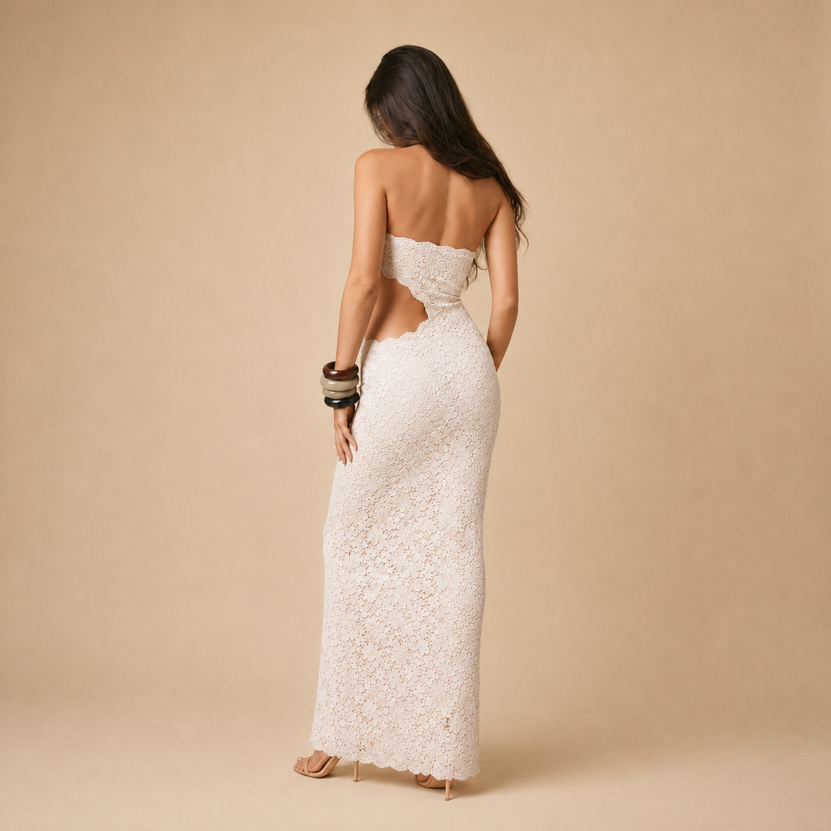 Strapless Lace Cut Out Column Maxi Dress 9