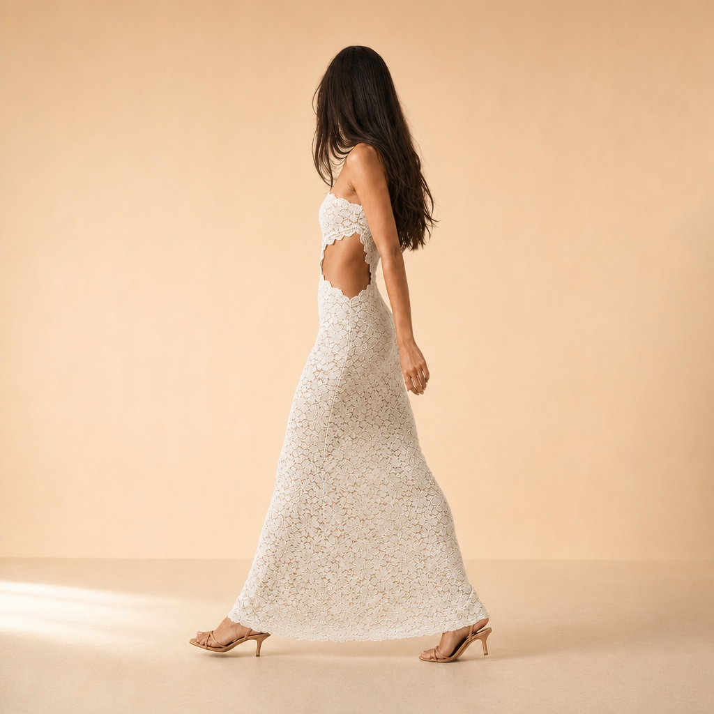 Strapless Lace Cut Out Column Maxi Dress 10