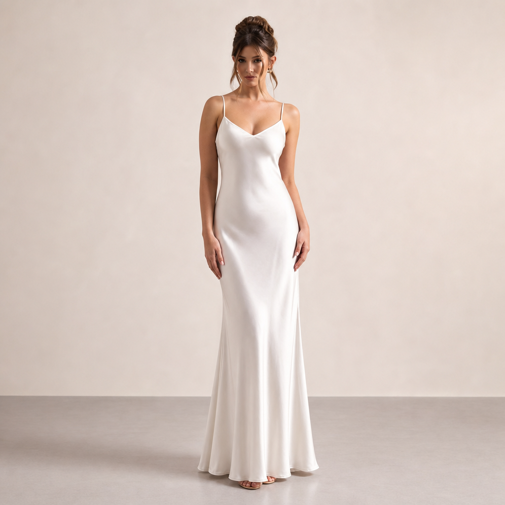 Satin V-Neck Spaghetti Strap Bias Cut Slip Maxi Dress 5
