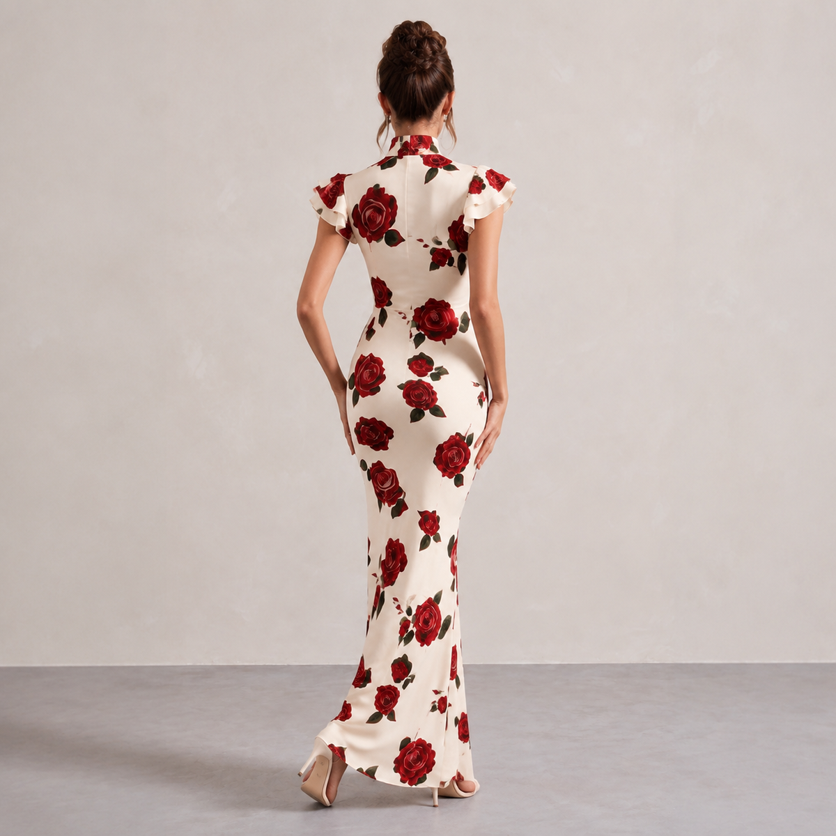 Rose Floral Mandarin Collar Ruffle Sleeve Fishtail Maxi Dress 9