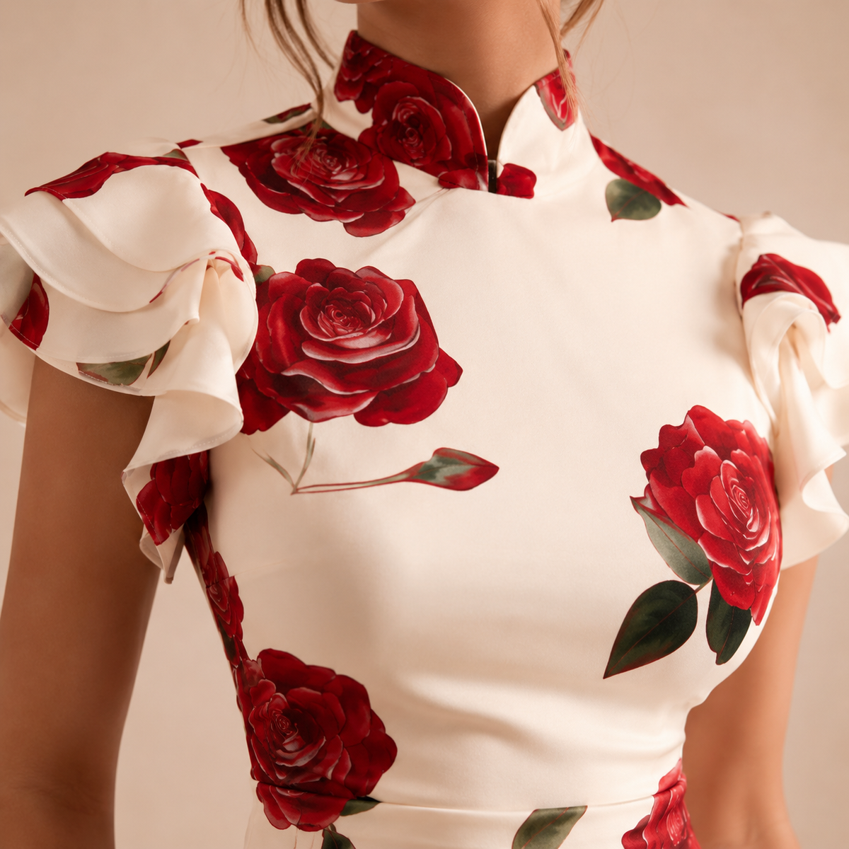 Rose Floral Mandarin Collar Ruffle Sleeve Fishtail Maxi Dress 8