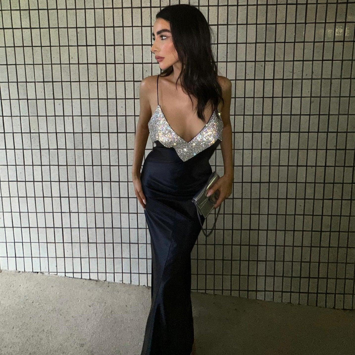 Satin Spaghetti Strap Deep V-Neck Rhinestone Slip Maxi Dress - View 4