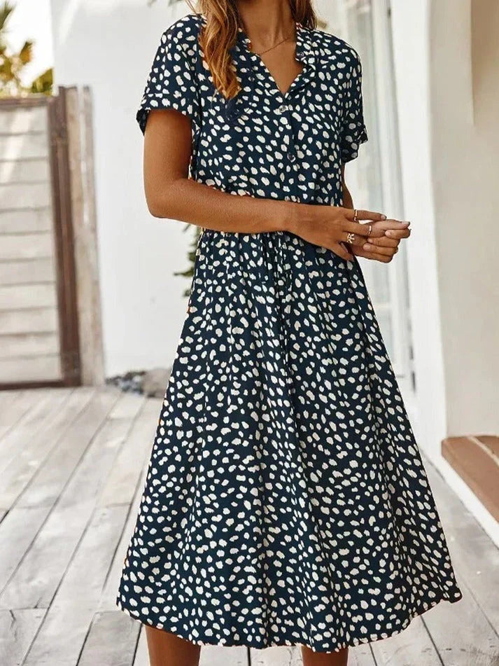 Animal Print Collared Short Sleeve Drawstring Midi Shirt Dress 13