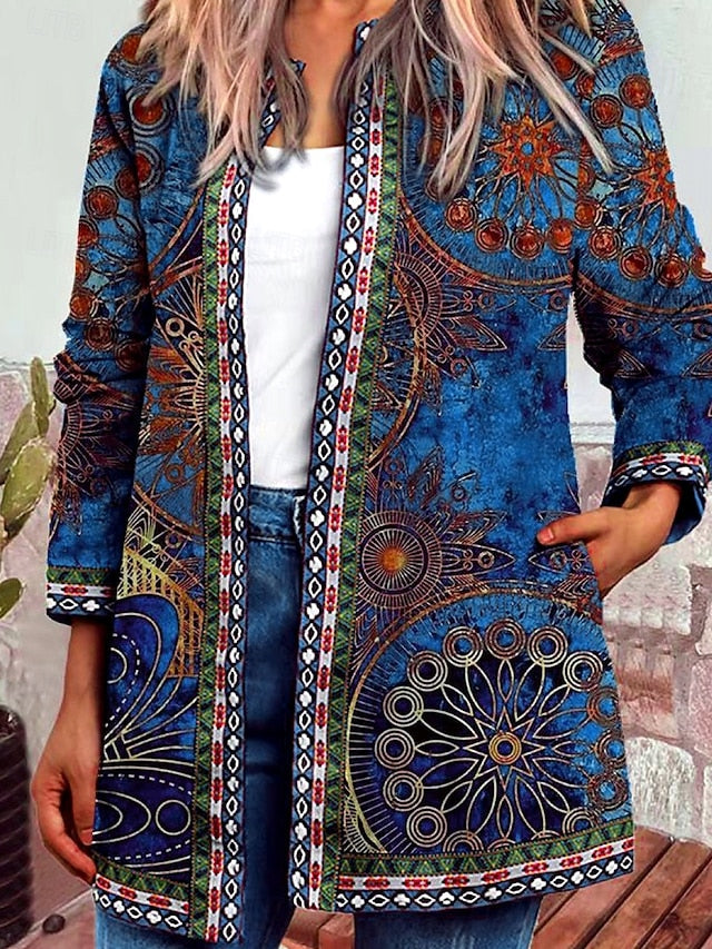 Floral Print Contrast Trim Open Front Boho Jacket 8