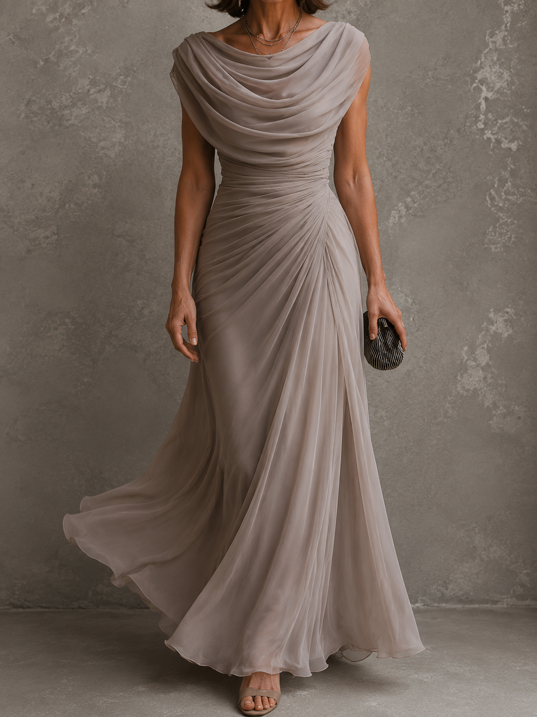 Cowl Neck Ruched Draped Chiffon Maxi Gown 8