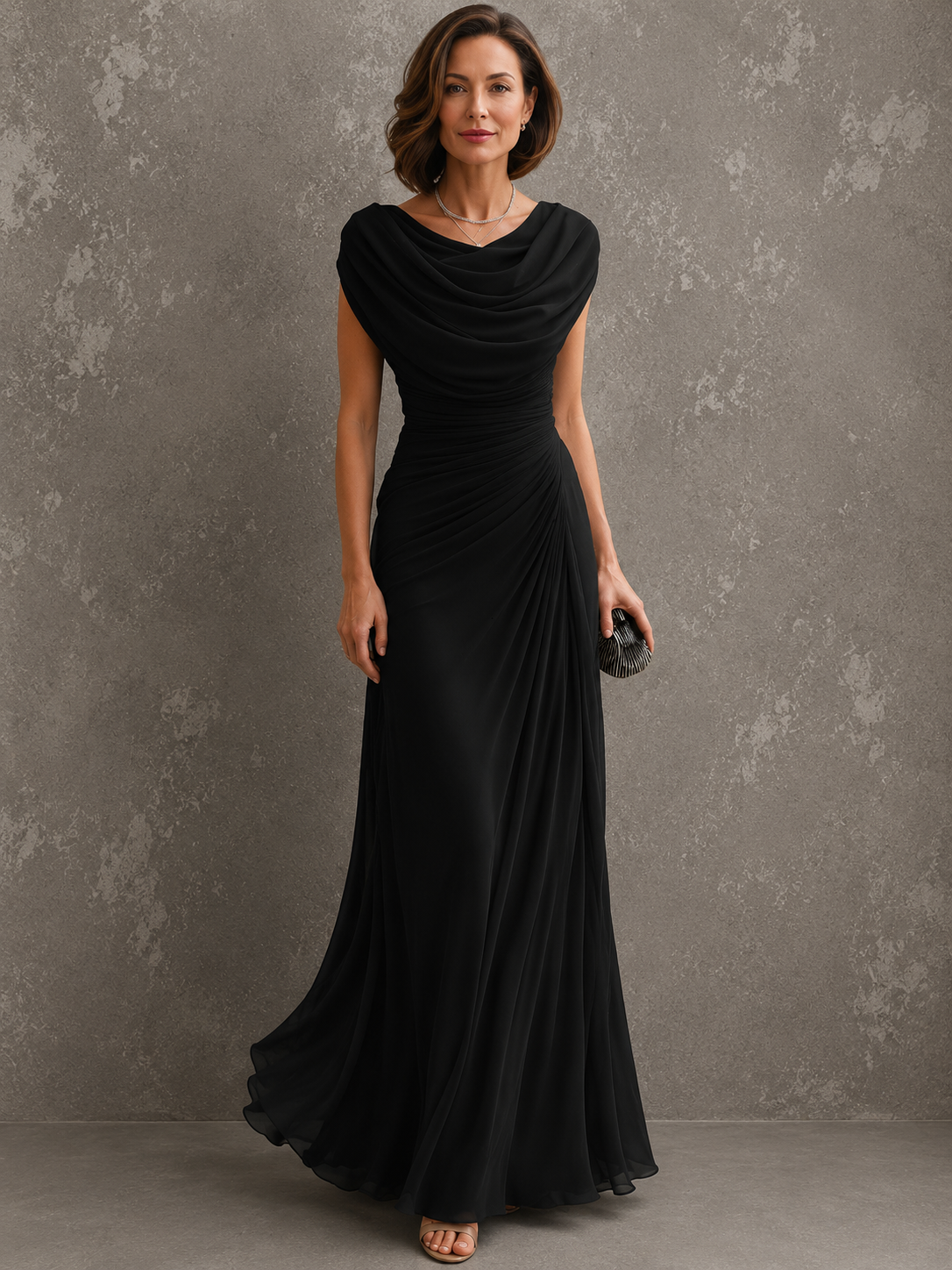 Cowl Neck Cap Sleeve Ruched Chiffon Maxi Gown 2