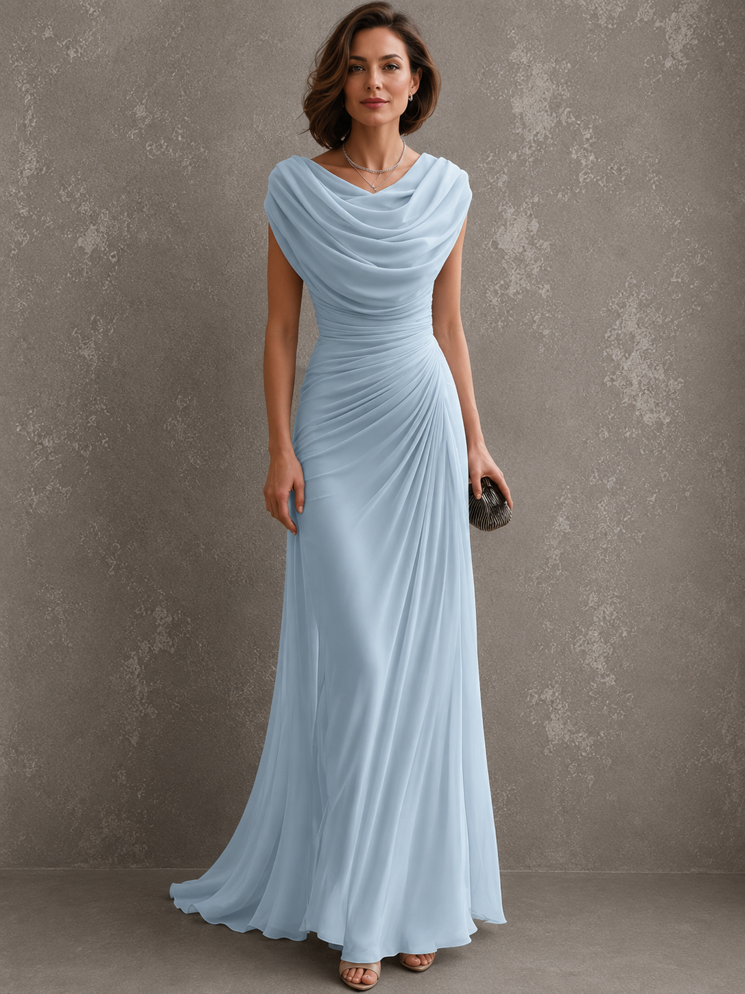 Cowl Neck Cap Sleeve Ruched Chiffon Maxi Gown 6