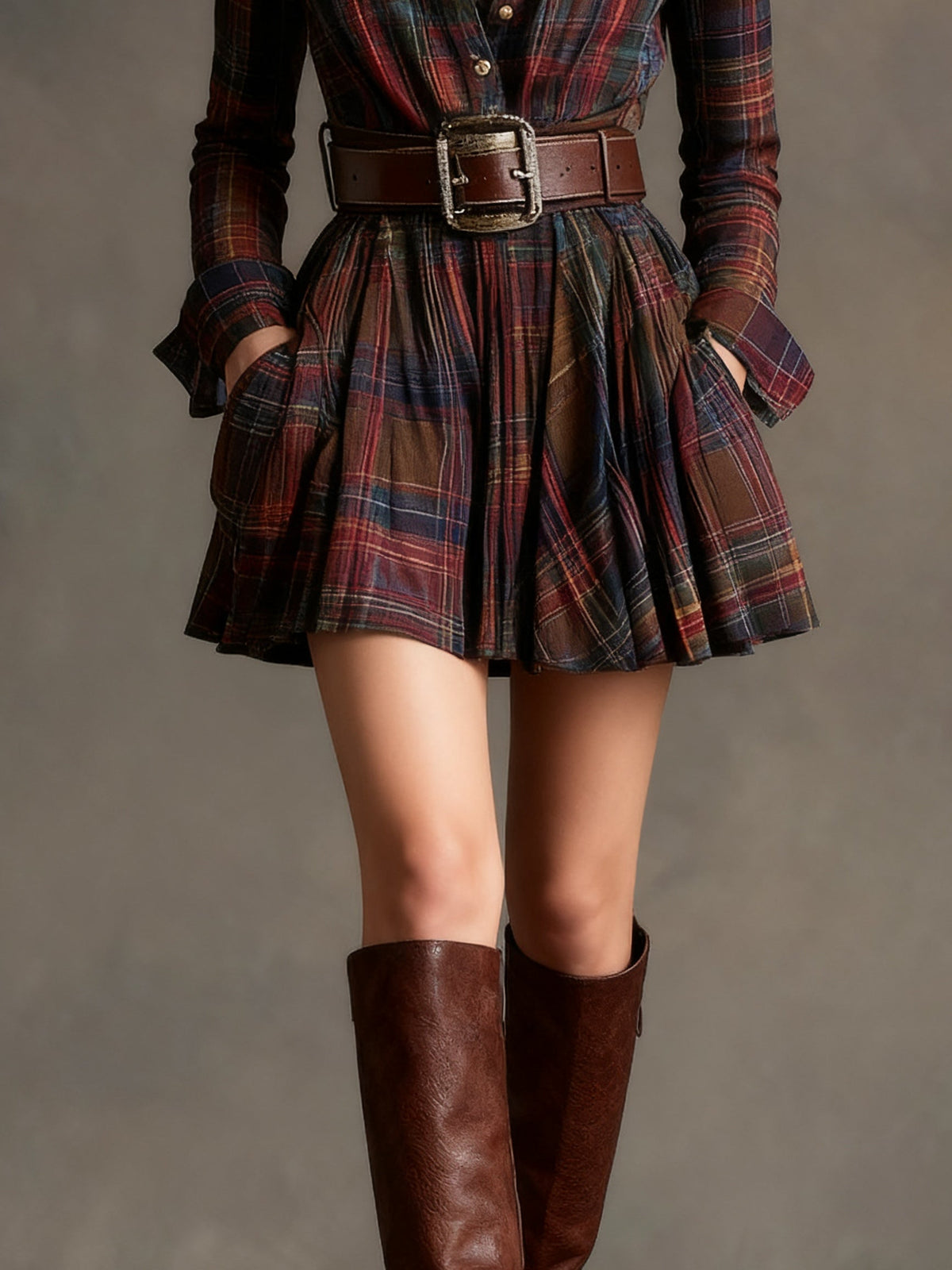 Plaid Long Sleeve Belted Pleated Shirt Mini Dress 6