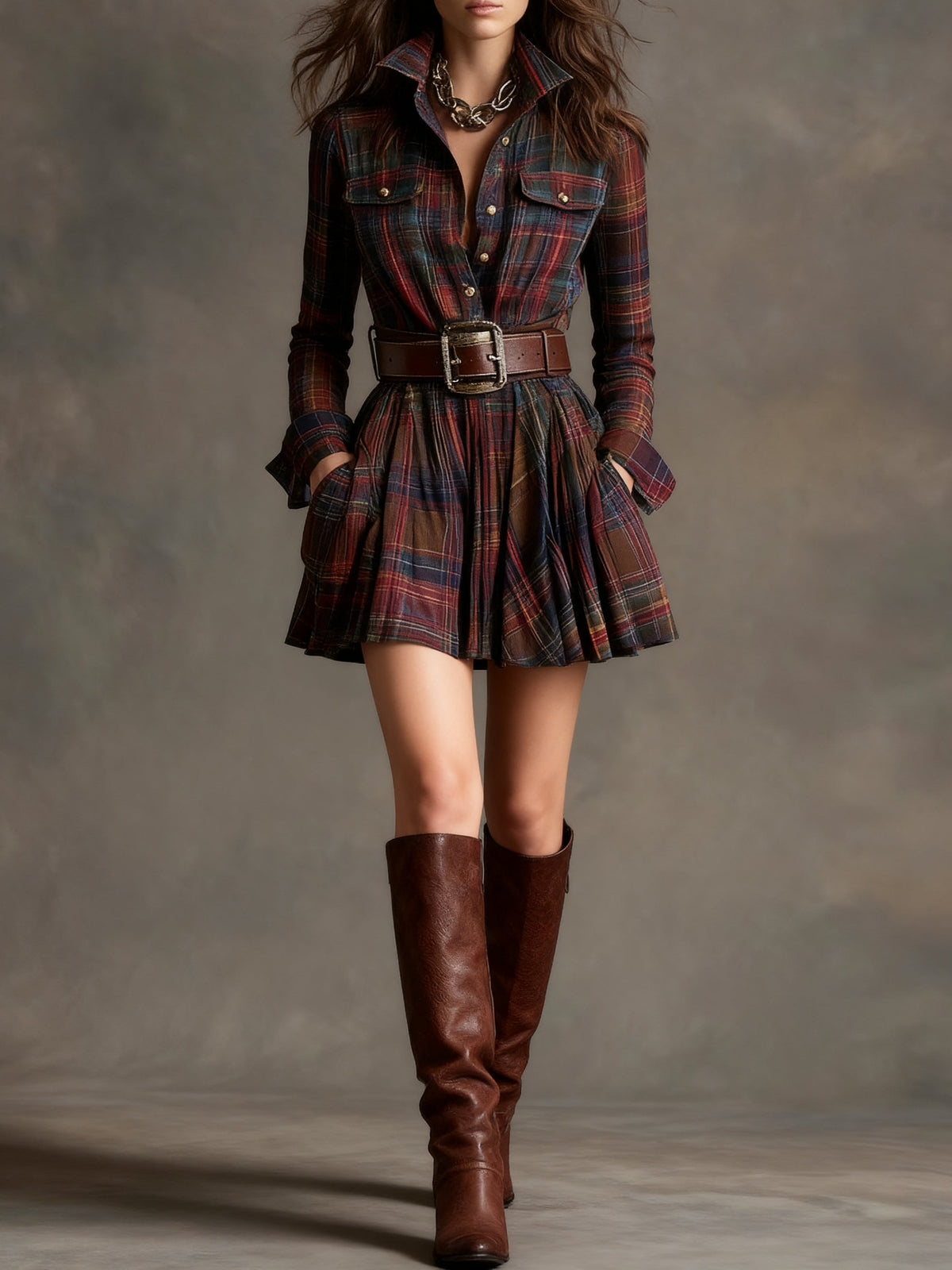 Plaid Long Sleeve Belted Pleated Shirt Mini Dress