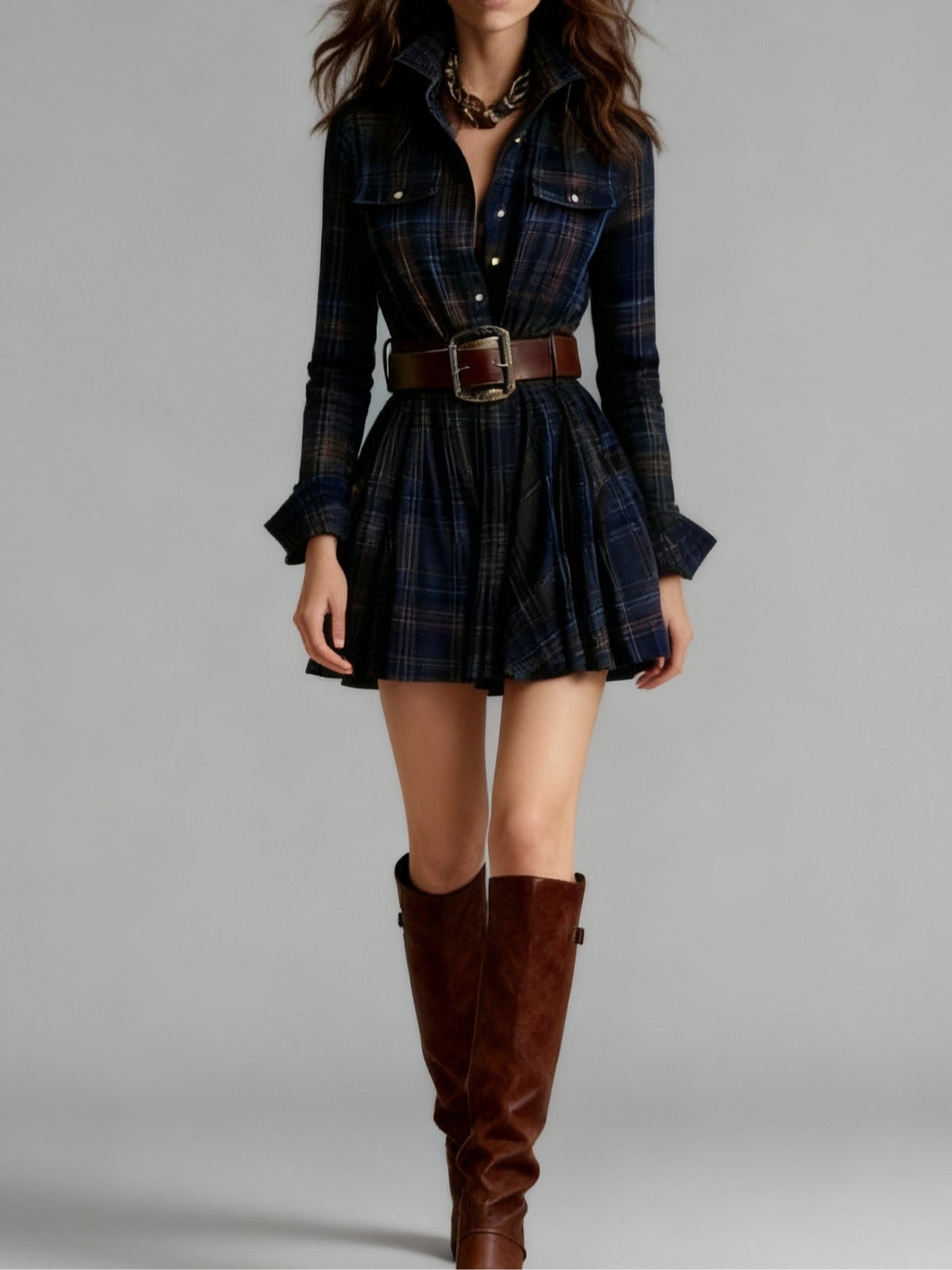 Plaid Long Sleeve Belted Pleated Shirt Mini Dress 3