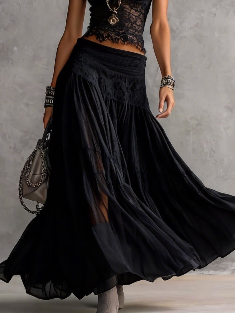Lace Trim Short Sleeve Top and Tiered Mesh Maxi Skirt Two Piece Set 3