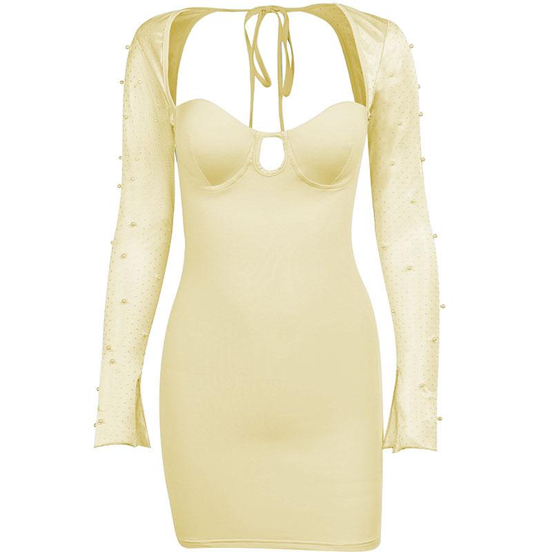 Long sleeve solid hollow out slit ruched beaded self mini dress - View 2