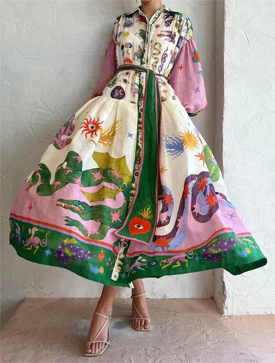 Collar Button Front Balloon Sleeve Tie Waist Printed Maxi Summer Dress - View 4