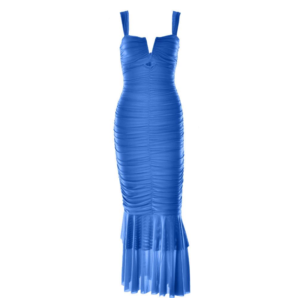 Solid ruched notch neck mesh zip-up ruffle maxi dress - View 12