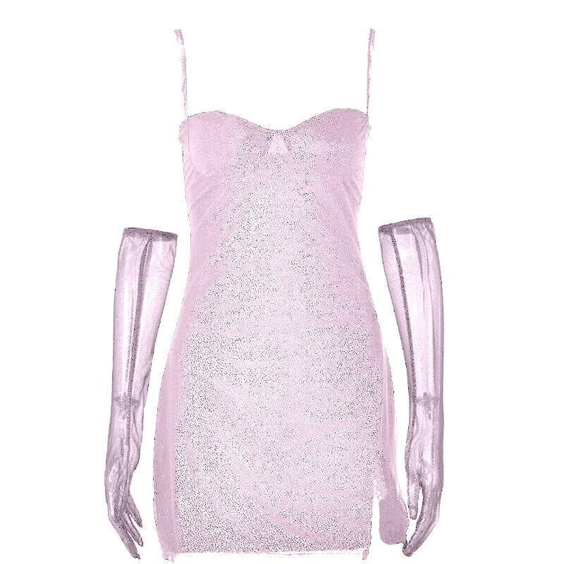 Textured mesh gloves sweetheart neck zip-up slit cami mini dress - View 11