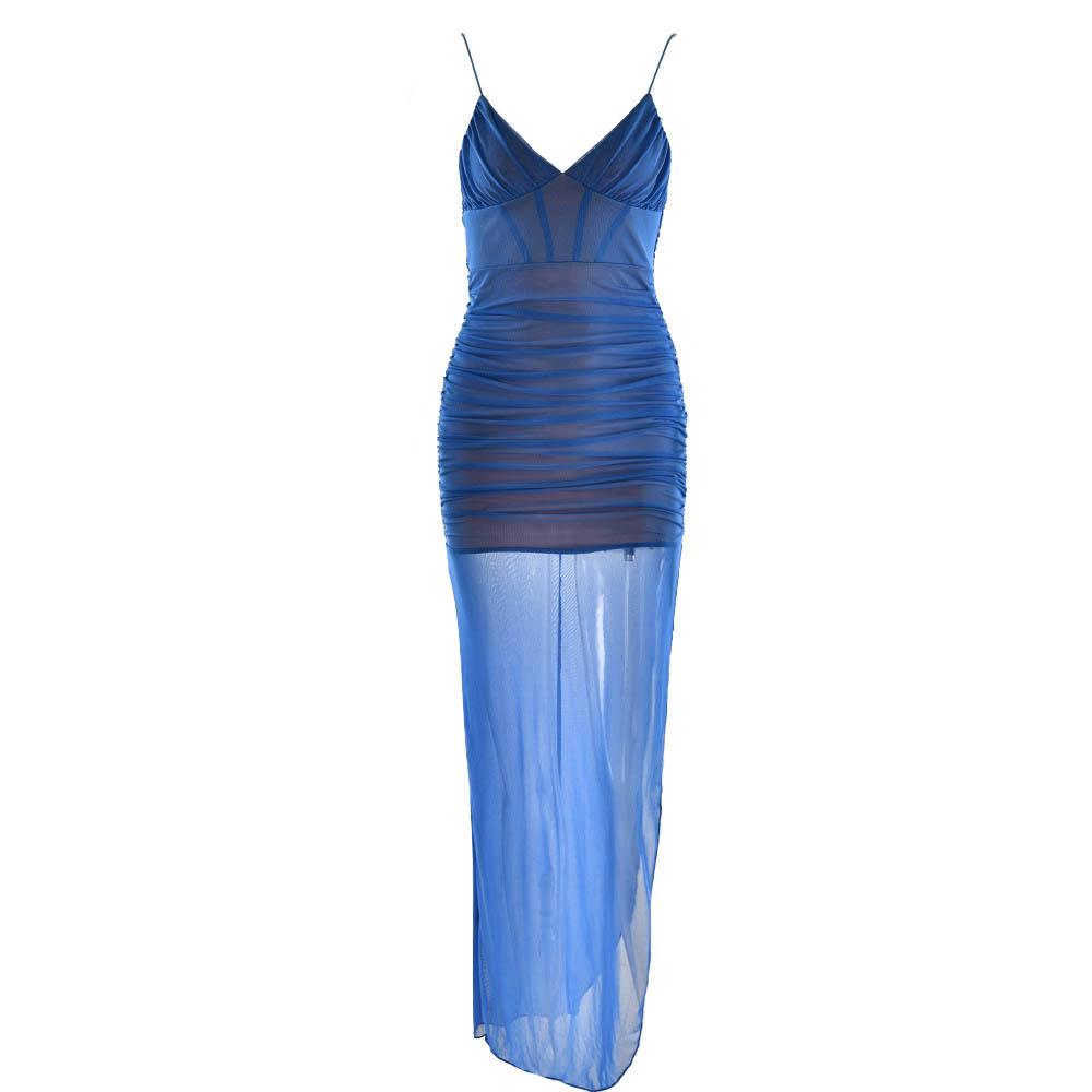 Mesh v neck ruched slit zip-up spaghetti strap maxi dress - View 2