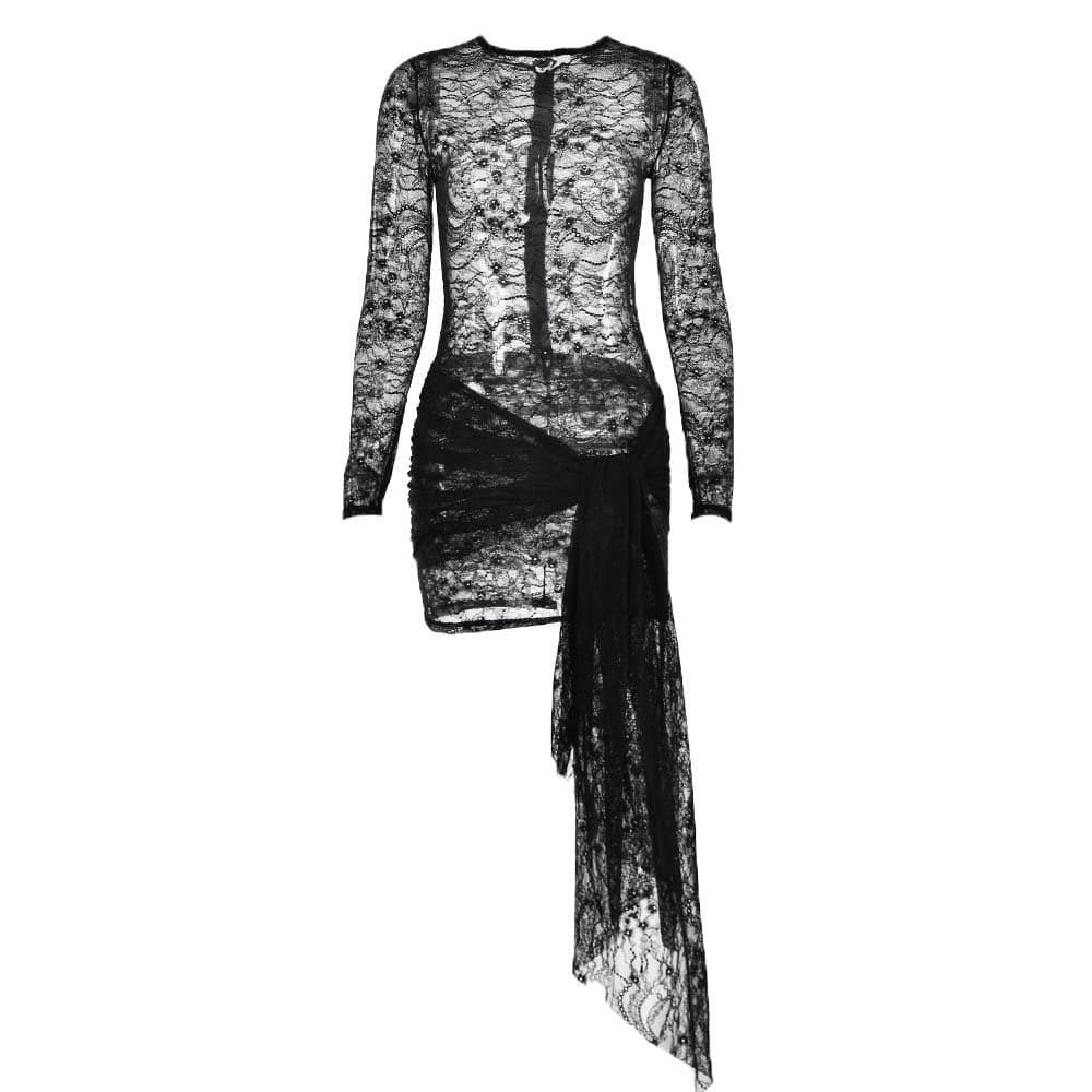Lace see through long sleeve zip-up self tie ruched mini dress - View 2
