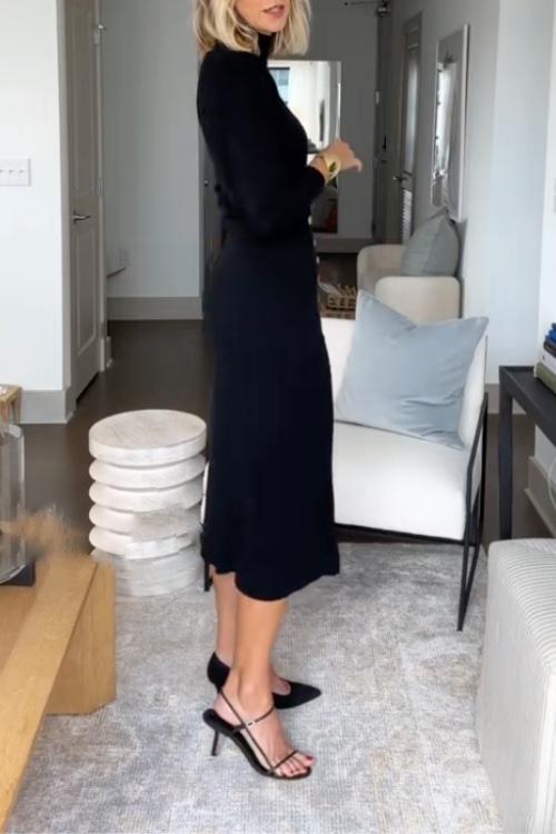 High Neck Long Sleeve Slit Bodycon Knit Midi Dress 2