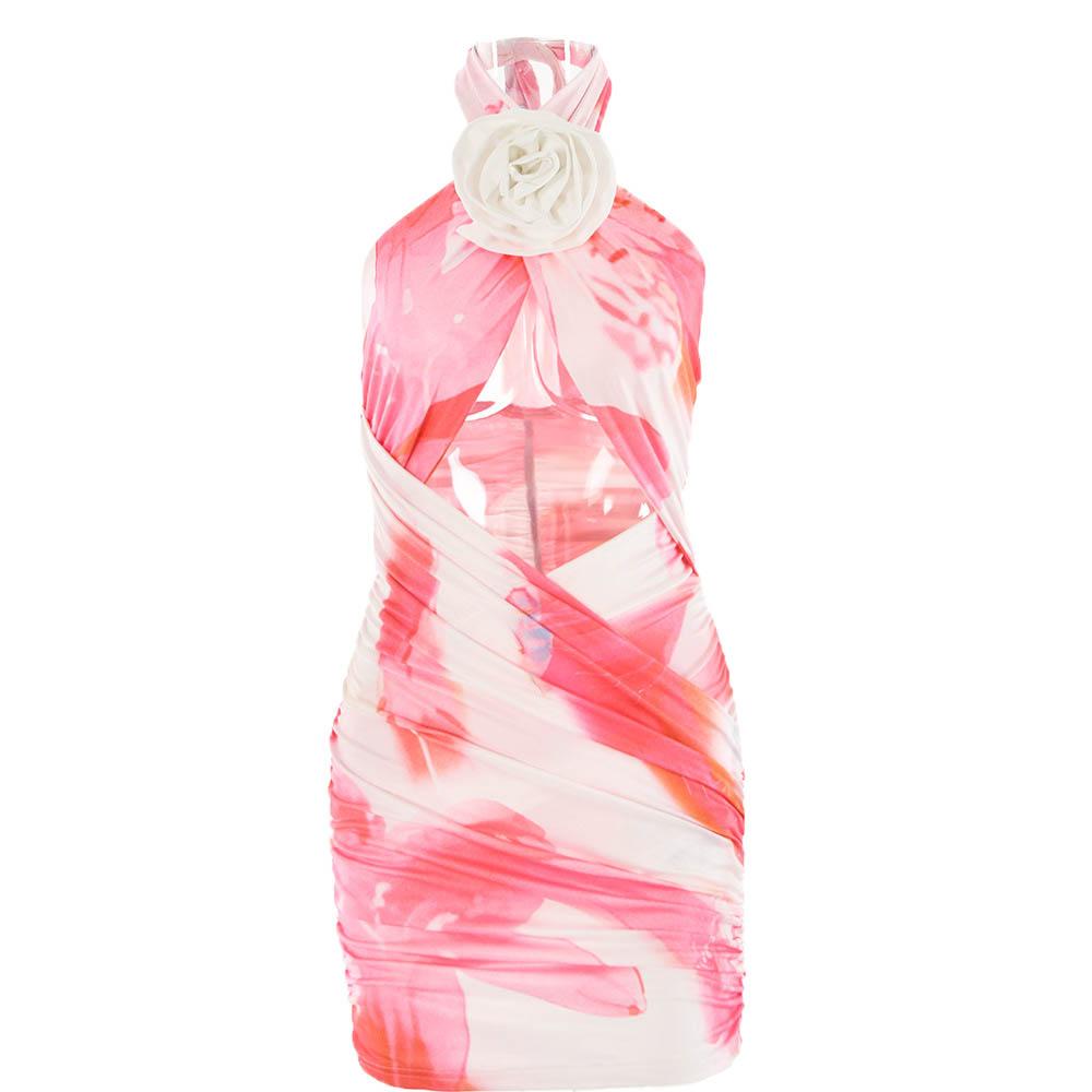 Tie Dye Halter Neck 3D Flower Cut Out Bodycon Mini Dress - View 2